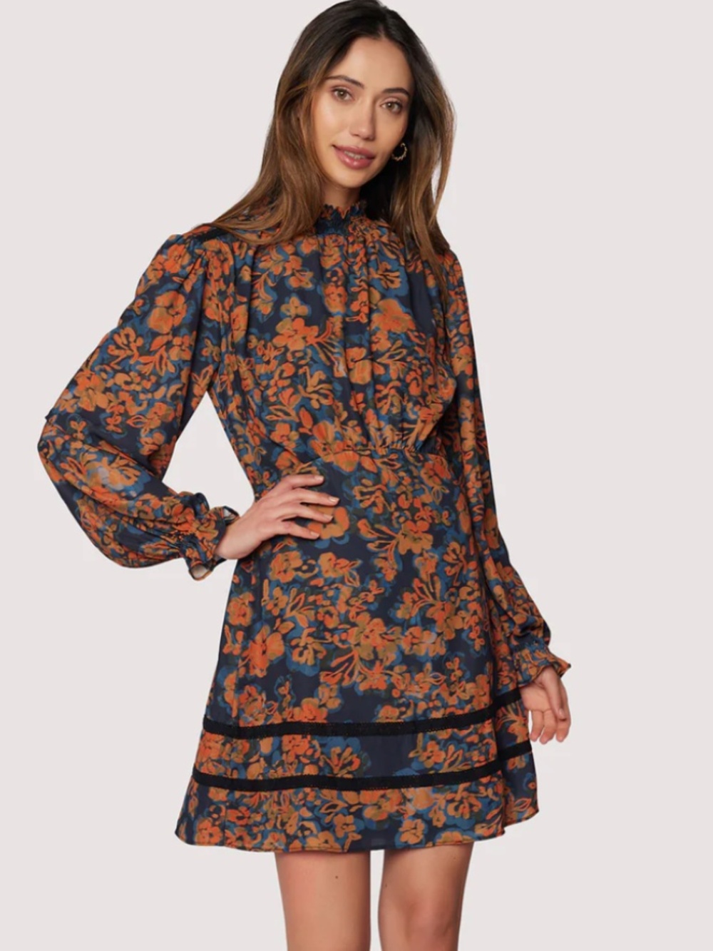 Lost + Wander Embers Bloom Floral Long Sleeve Mock Neck Mini Dress